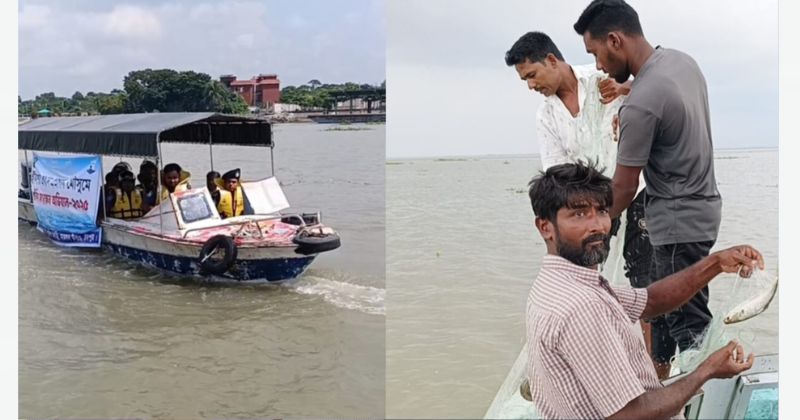 মতলব উত্তরের মেঘনা নদীতে মা ইলিশ সংরক্ষণ অভিযান-২০২৫ বাস্তবায়নে নৌ পুলিশের টহল এবং অভিযানে জব্দকৃত ইলিশ ও অবৈধ কারেন্ট জাল উদ্ধারের একটি মুহূর্ত।