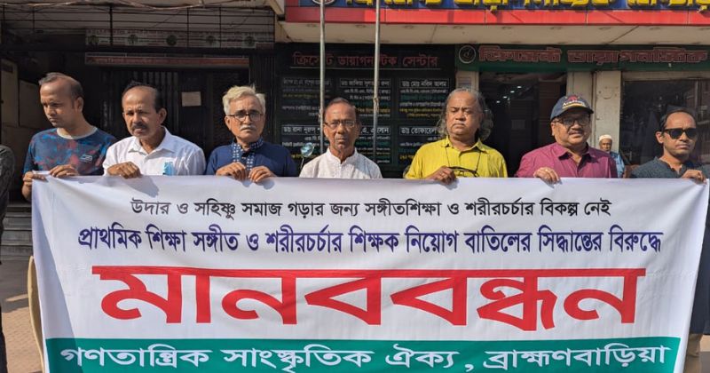 সঙ্গীত ও শরীরচর্চা শিক্ষক নিয়োগ বাতিলের প্রতিবাদে ব্রাহ্মণবাড়িয়ায় মানববন্ধন